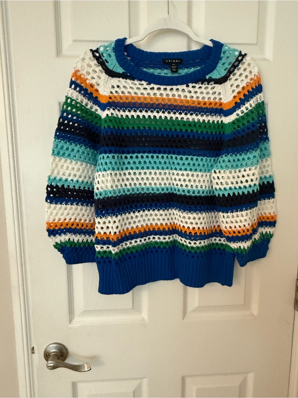 Striped Open-Knit Sweater in Blue, White & Green